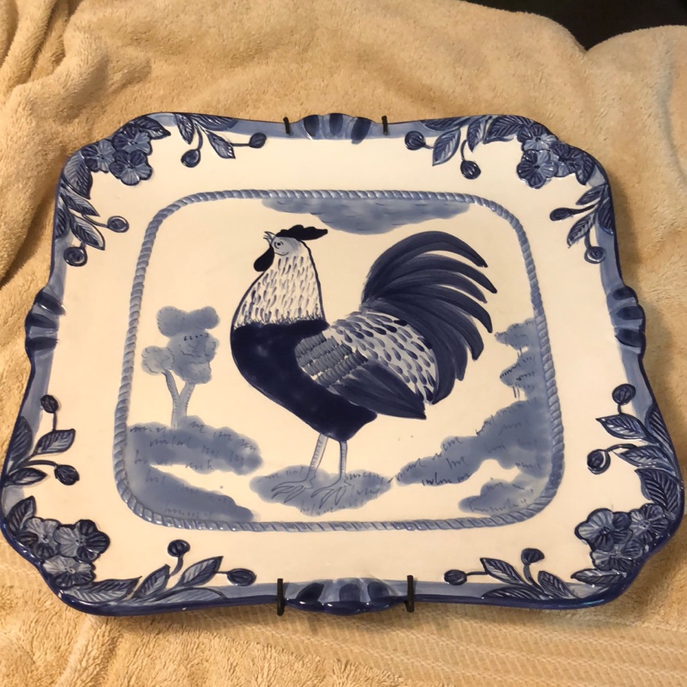 Certified International Pamela Gladding Blue Rooster Square 13.5” Platter